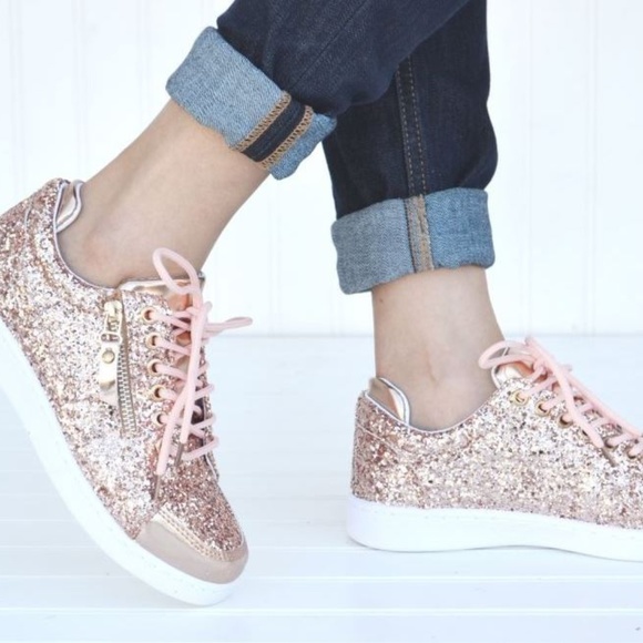 FINAL SALE PRICE NEW ROSE PINK METALLIC GLITTER SNEAKERS SHOES - Picture 1 of 4